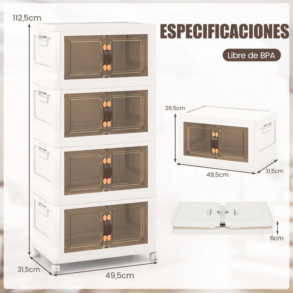 Conjunto de 4 caixas de arrumação empilháveis com portas de rodas com fecho e tampas dobráveis em PP para o quarto Branco 49,5 x 31,5 x 112,5 cm