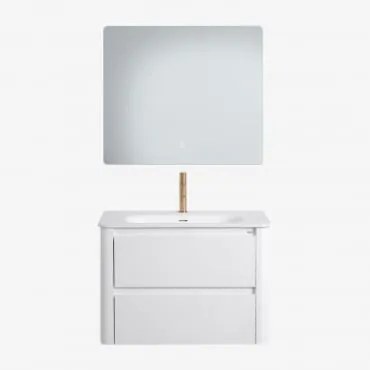 Conjunto De Móvel De Casa De Banho Suspenso Em Madeira Com Lavatório Integrado Egerton Branco & Led Retangular E Anti-embaciamento 80x70 Cm - Sklum