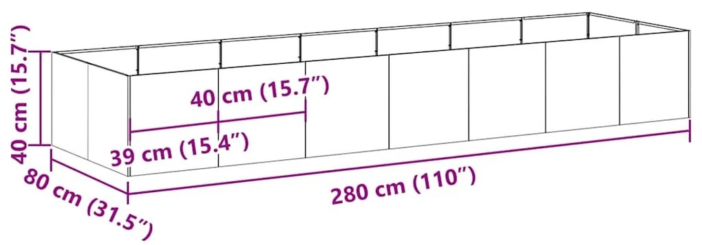 Vaso/floreira 280x80x40 cm aço preto