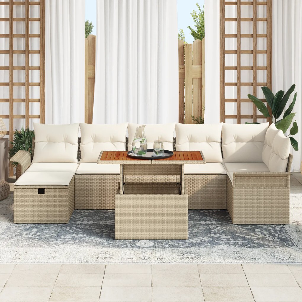Conjunto de Sofás de Jardim de 8 Peças com Almofadas Bege de Poliratta