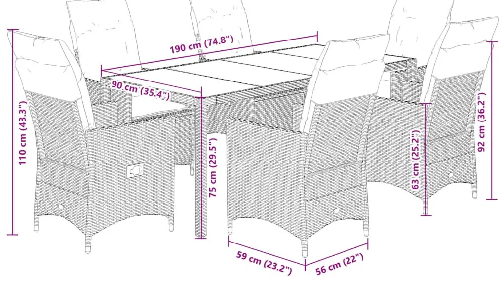7 pcs conjunto de jantar p/ jardim c/ almofadões vime PE preto