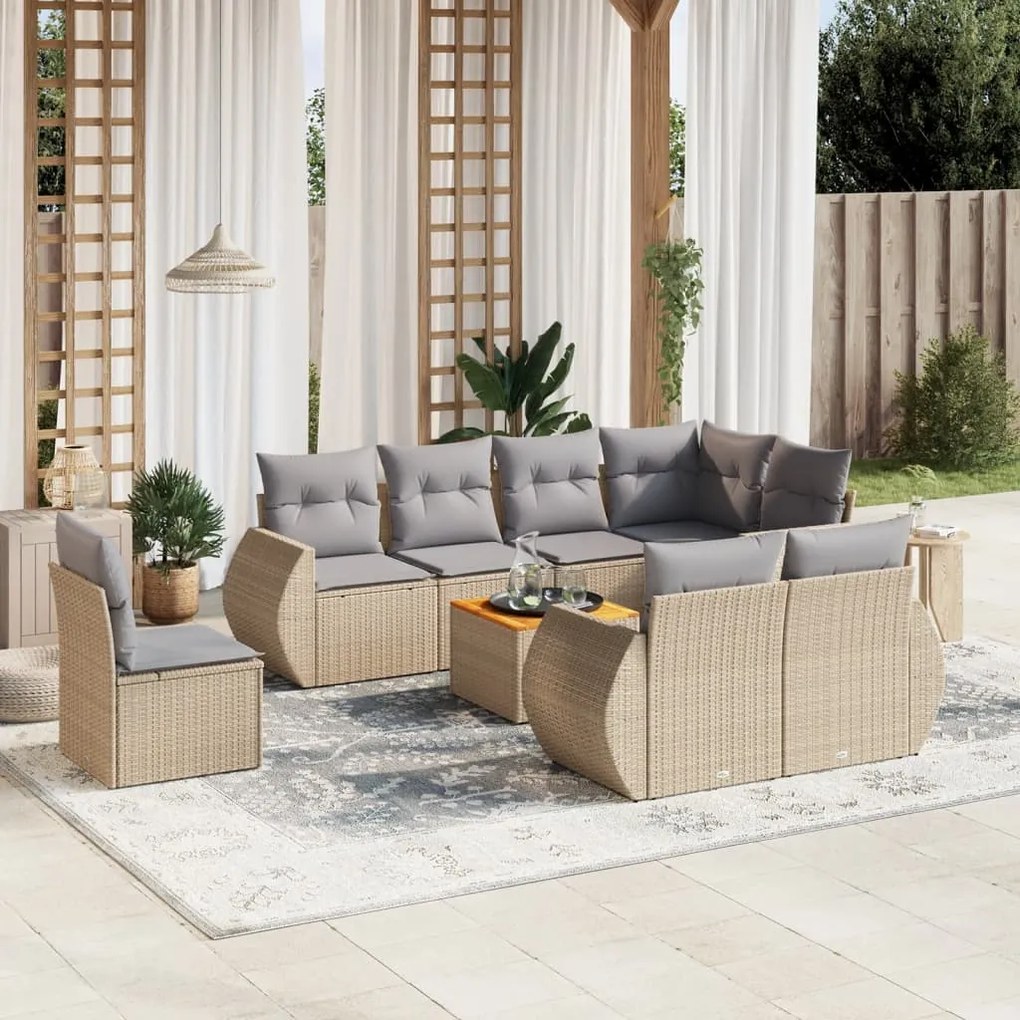 vidaXL 9 pcs conjunto de sofás p/ jardim com almofadões vime PE bege