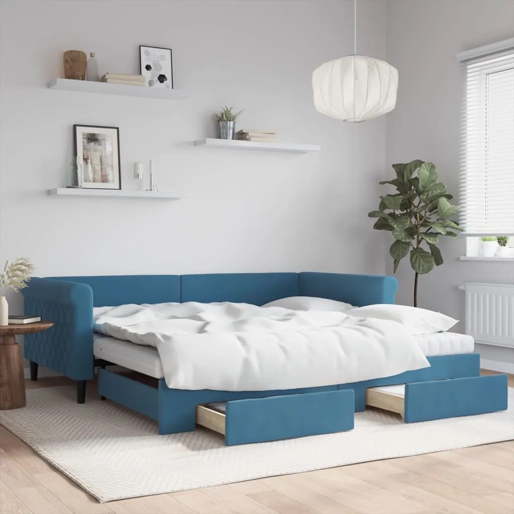 Sofá-cama com gavetão e gavetas 100x200 cm veludo azul