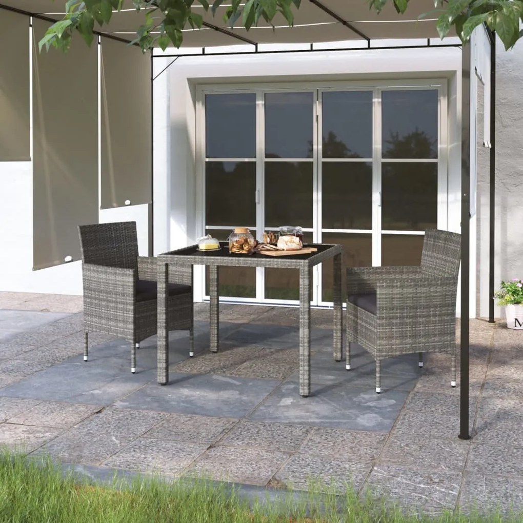 vidaXL 3 pcs conjunto de jantar jardim vime PE e vidro temperado cinza