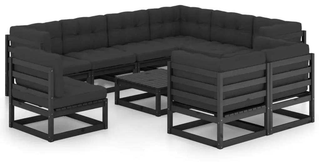 vidaXL 10 pcs conjunto lounge jardim c/ almofadões pinho maciço preto