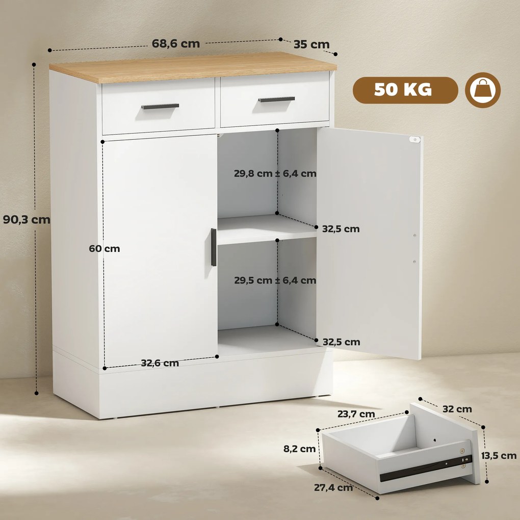 Aparador de Sala de Estar com 2 Gavetas e Prateleiras Ajustáveis 68,6x35x90,3 cm Branco e Madeira