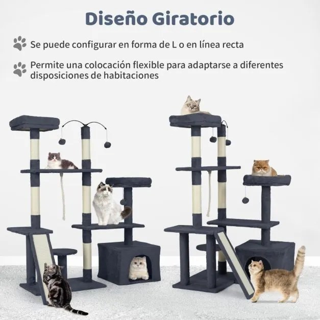 Arranhador para gatos de 136 cm com vários níveis, postes para arranhar em sisal, rampa e 2 poleiros Cinza escuro