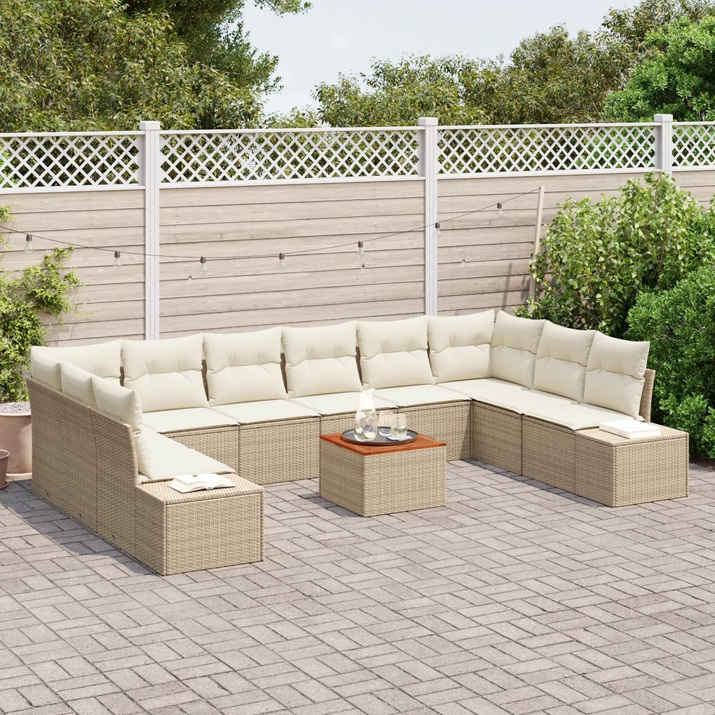 Conjunto de Sofá de Jardim de 11 peças com Almofadas Bege Rattan Polié