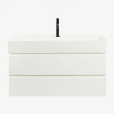 Conjunto De Móvel De Casa De Banho Suspenso Em Madeira E Folha De Freixo Com Lavatório Integrado Ona Branco & Sem Espelho & Preto - Sklum