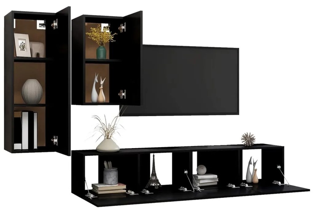 4 pcs conjunto de móveis de TV derivados de madeira preto