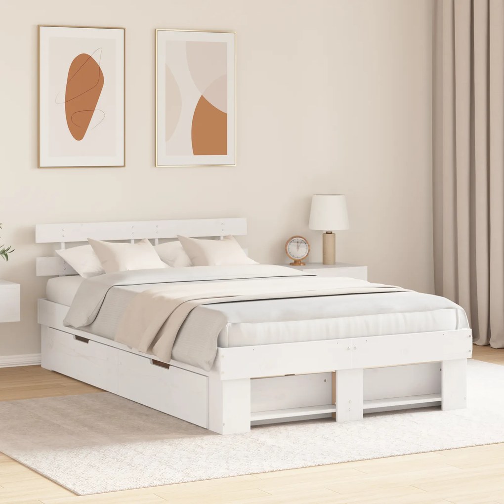 vidaXL Cama com Gavetas Branca 135x190 cm Madeira de Pinho Maciço