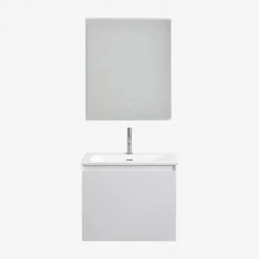 Conjunto De Móvel De Casa De Banho Suspenso Em Madeira Com Lavatório Integrado Macrae Branco & Led Retangular E Anti-embaciamento 60x70 Cm - Sklum