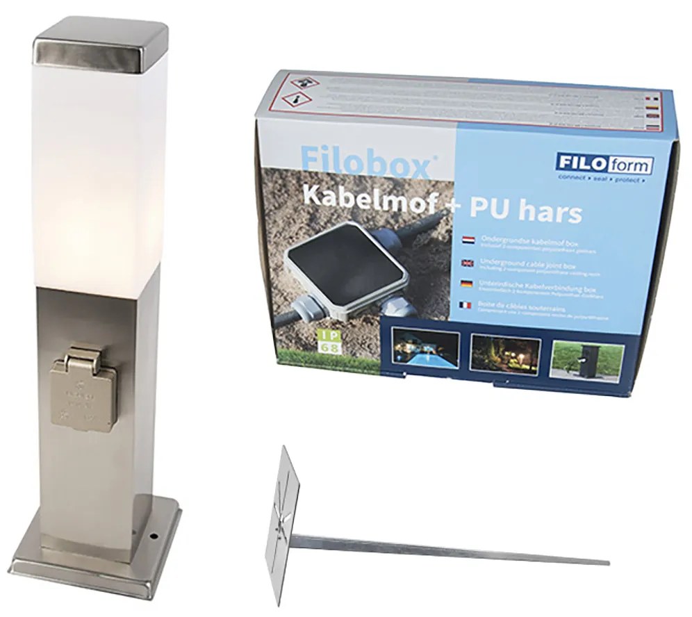 Candeeiro de exterior em aço com tomada IP44 - Malios com estaca de terra e prensa-cabos Moderno