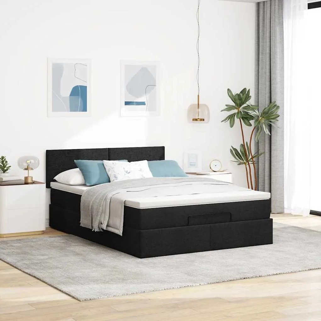 Cama otomana com colchão 140x200 cm tecido preto