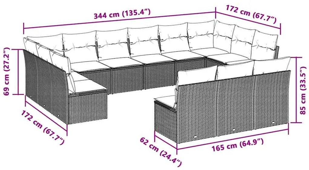 13 pcs conj. sofás jardim c/ almofadões vime PE cinzento-claro