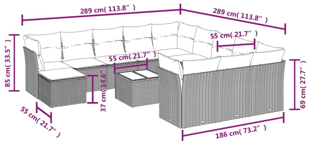 13 pcs conjunto sofás p/ jardim c/ almofadões vime PE castanho