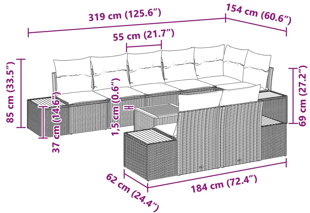 Conjunto de sofá de jardim com 9 peças e almofadas - Vime de poliéster