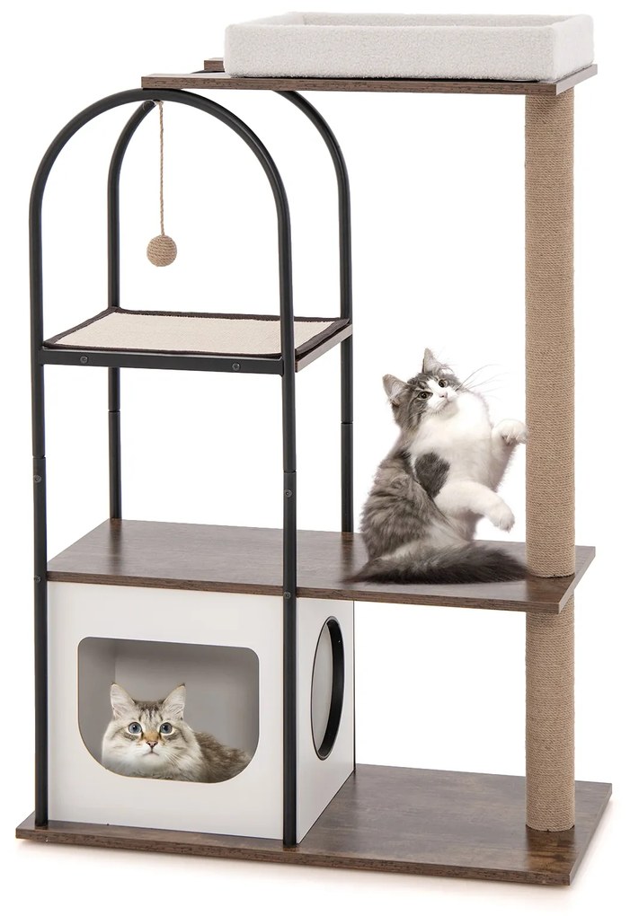 Torre grande de madeira para gatos 4 em 1 com ninho em cápsula espacial para gatos domésticos