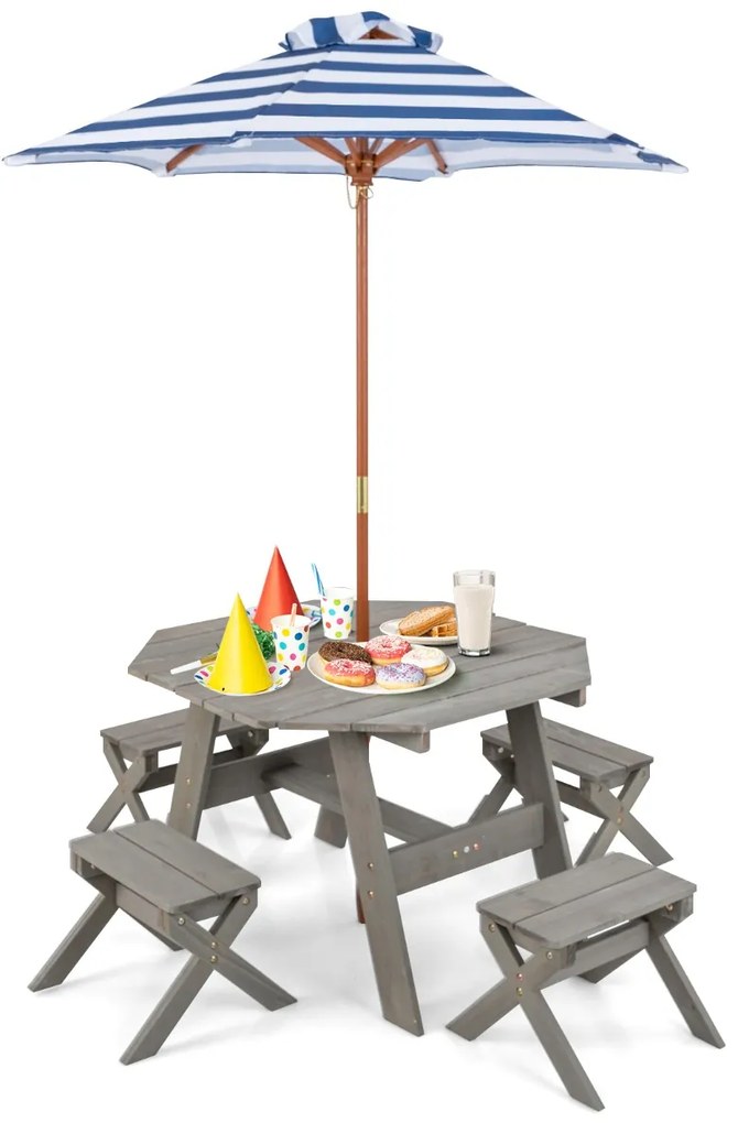 Mesa de piquenique infantil com 4 cadeiras e guarda-sol ajustável para pátio, jardim e quintal - Natural