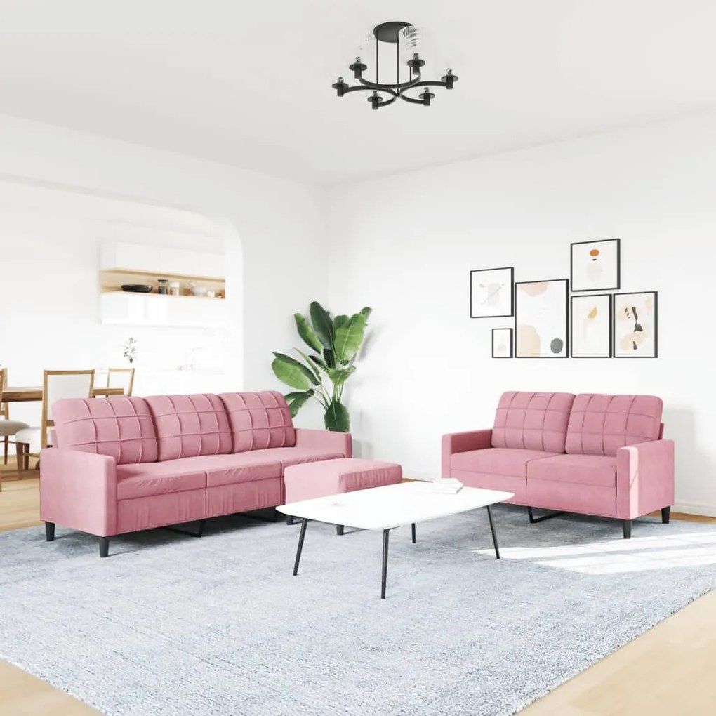 3 pcs conjunto de sofás com almofadões veludo rosa