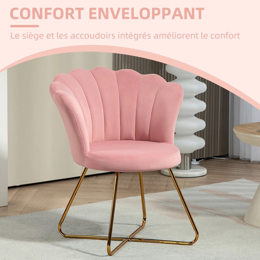 Cadeira de Toucador em forma de concha 69 x 64 x 80 cm, poltrona em veludo, poltrona de sala com pés em aço, rosa