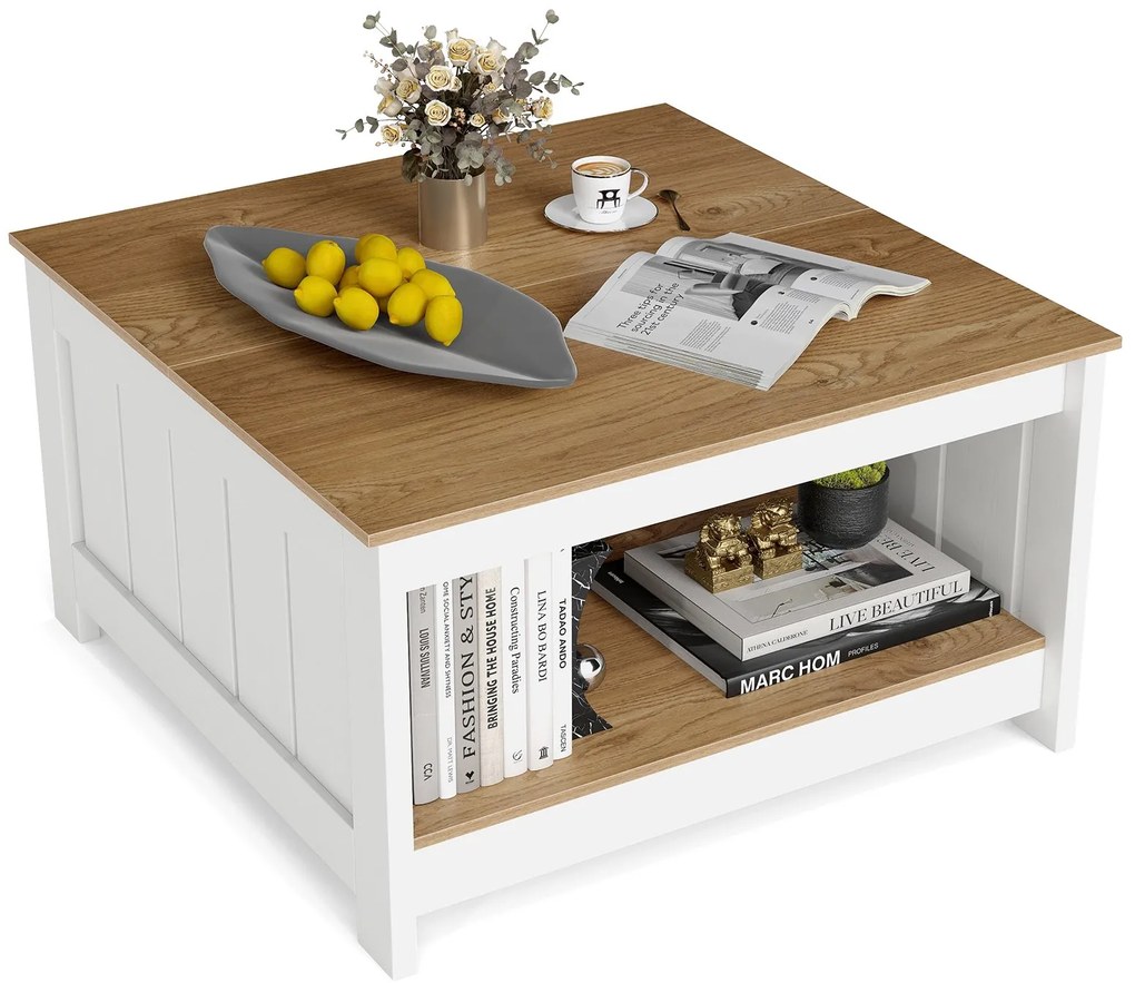 Mesa de centro de madeira 80 x 80 x 45 cm com 2 níveis, mesa quadrada para sala de estar em estilo rústico com espaço de arrumação. Natural e branco