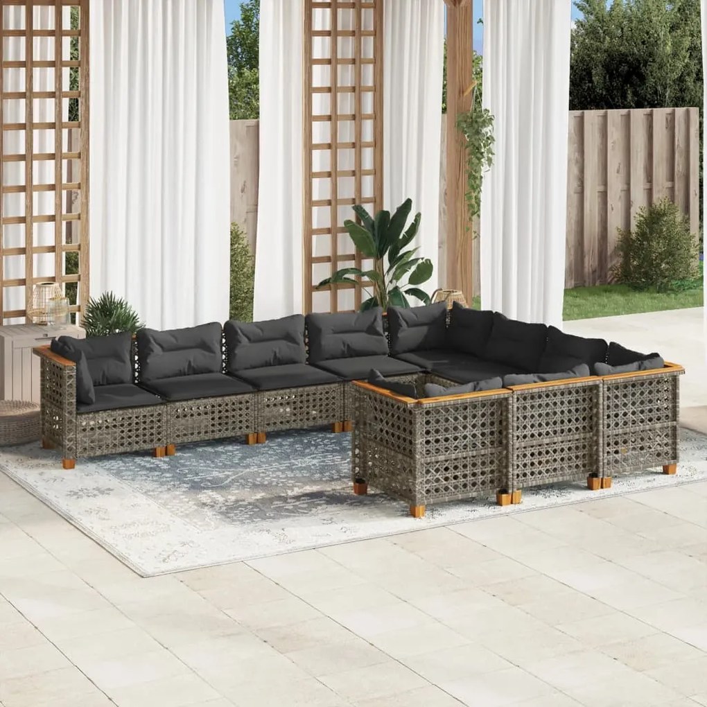 10 pcs conjunto sofás de jardim c/ almofadões vime PE cinzento