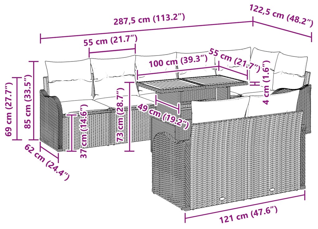 Conjunto de Sofá de Jardim vidaXL 9 Peças com Almofadas Bege Vime Poli