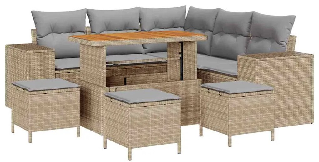 Conjunto de Sofás de Jardim de 9 Peças com Almofadas Bege, Poly Rattan