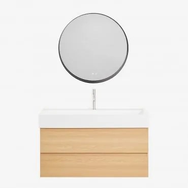 Conjunto De Móvel De Casa De Banho Em Madeira E Chapa De Freixo Com Lavatório Integrado Ona Madeira Natural & Redondo Led - Sklum