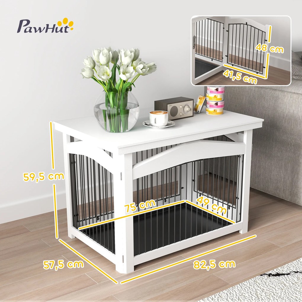 Gaiola para Cães Médios 3 em 1 Mesa Auxiliar Gaiola para Cães com Porta Trava Tampa Superior  82,5x57,5x59,5 cm Branco