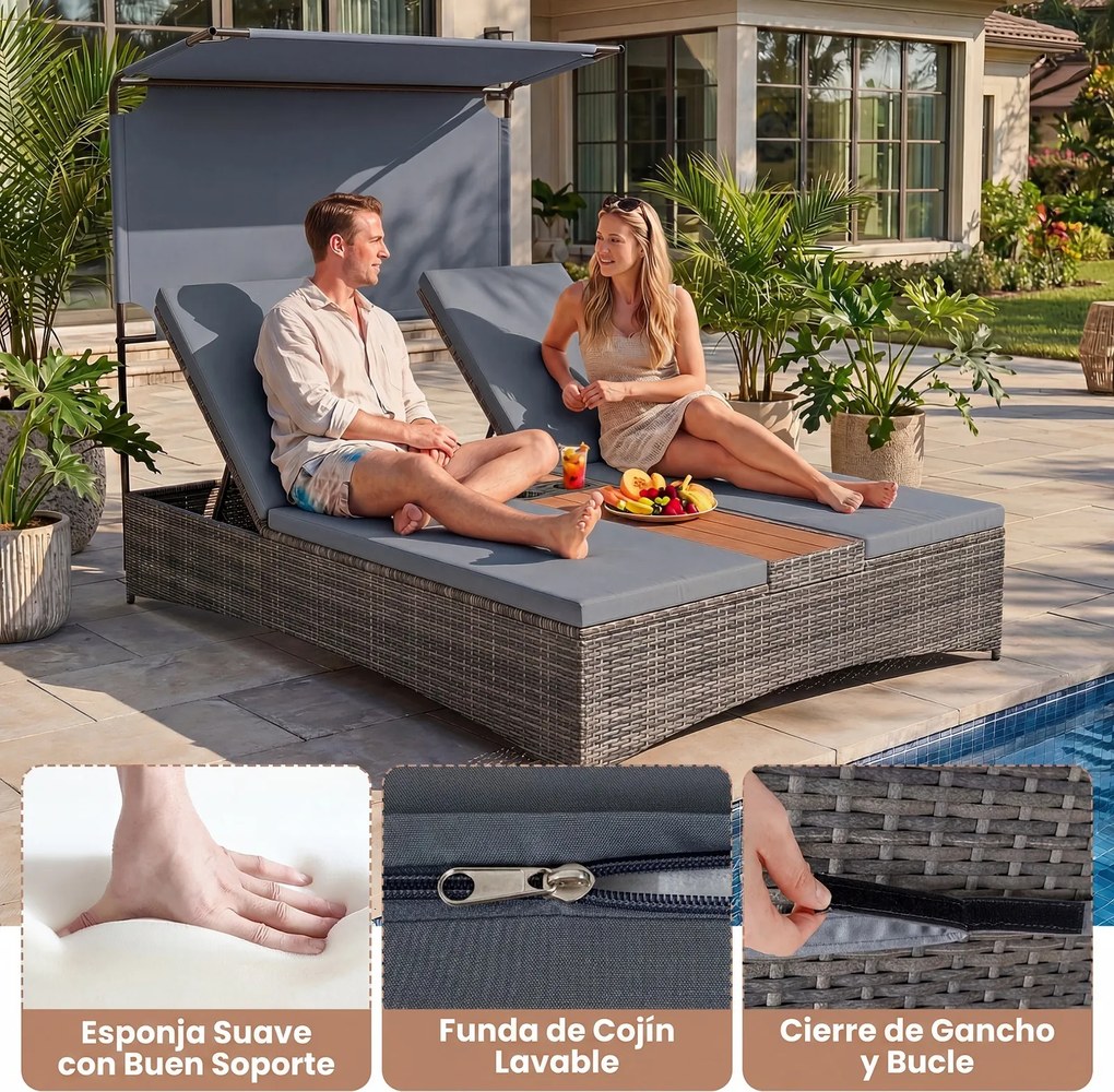 Espreguiçadeira Dupla de Jardim com Parasol, 203 x 147 x 164 cm, Encostos Ajustáveis em 5 Níveis, Cinzento