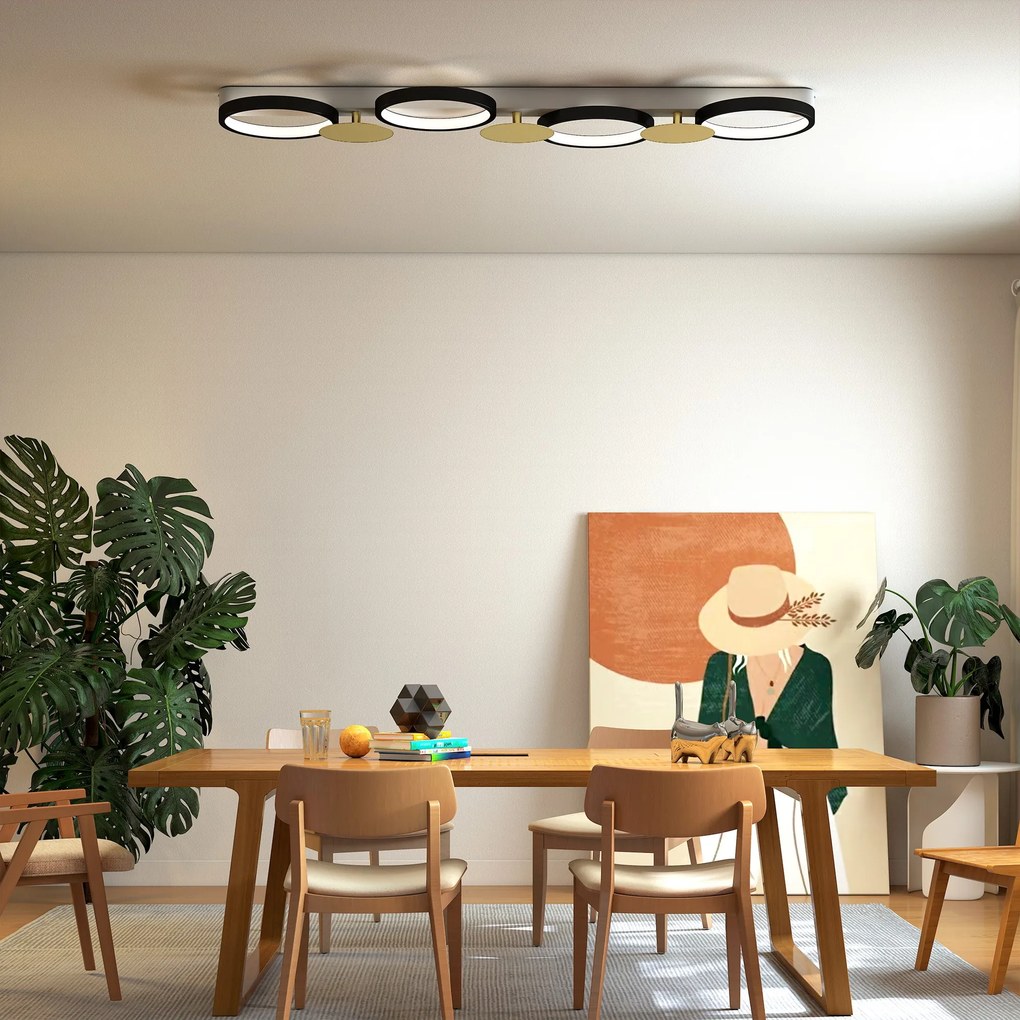 Candeeiro de Teto Regulável com 4 Focos Controlo Remoto Modos de Cena 1500 lm 38 W 3000 K-6500 K 100x31x7 cm Preto e Dourado