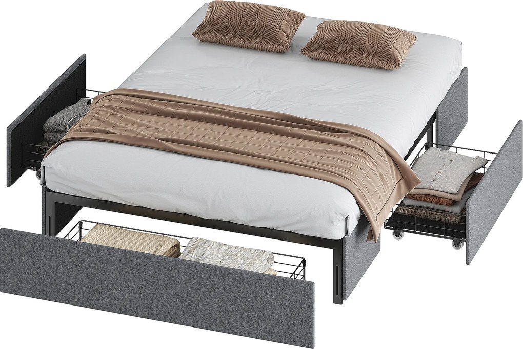 Cama com arrumação 140 x 190 cm (COLCHÃO NÃO INCLUIDO), estrutura de cama de casal estofada com 3 gavetas, base de ripas em LVL, silenciosa, cinzenta