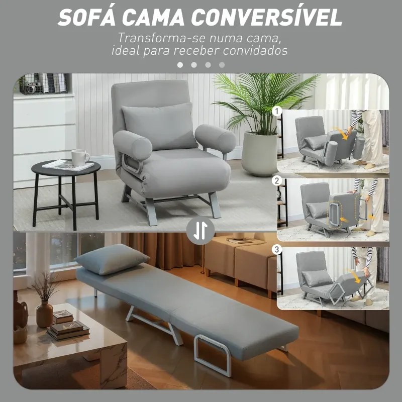 poltrona Sofá Cama Dobrável Estofado em Linho Sintético com Encosto Ajustável em 5 Níveis e Almofada Acolchoada 73x78x81 cm Cinzento Claro