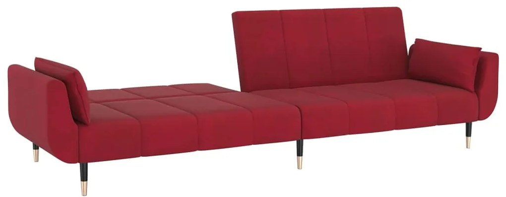 Sofá-cama 2 lugares com duas almofadas veludo vermelho tinto