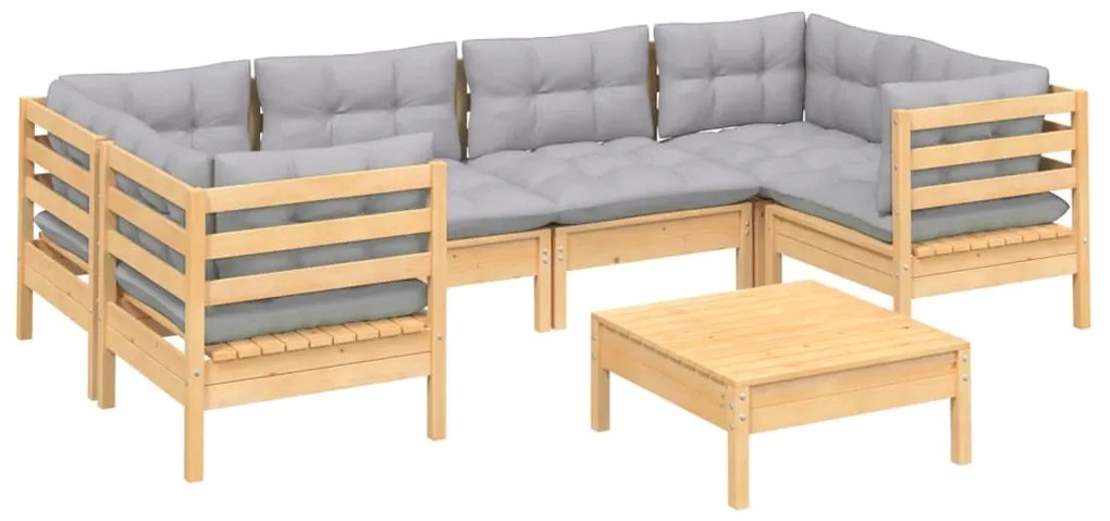 7 pcs conjunto lounge de jardim c/ almofadões cinzentos pinho