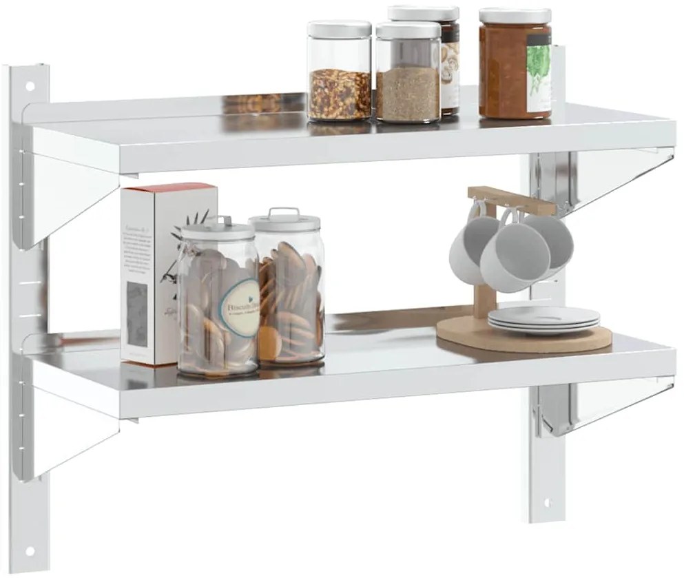 Estante parede 2 prateleiras 75x30x60 cm aço inoxidável prata