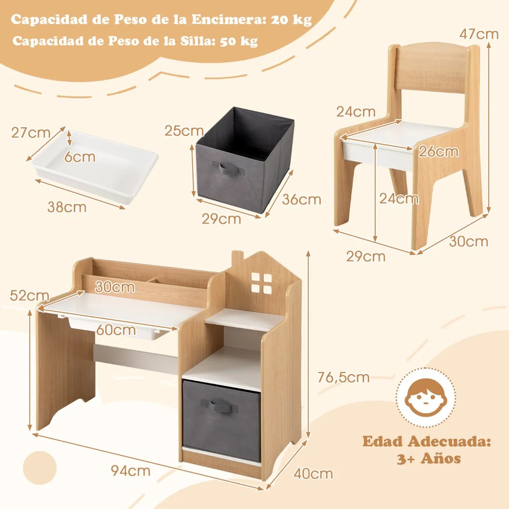 Conjunto de mesa e cadeira de estudo para crianças Mesa para crianças com estantes abertas Gaveta- natural