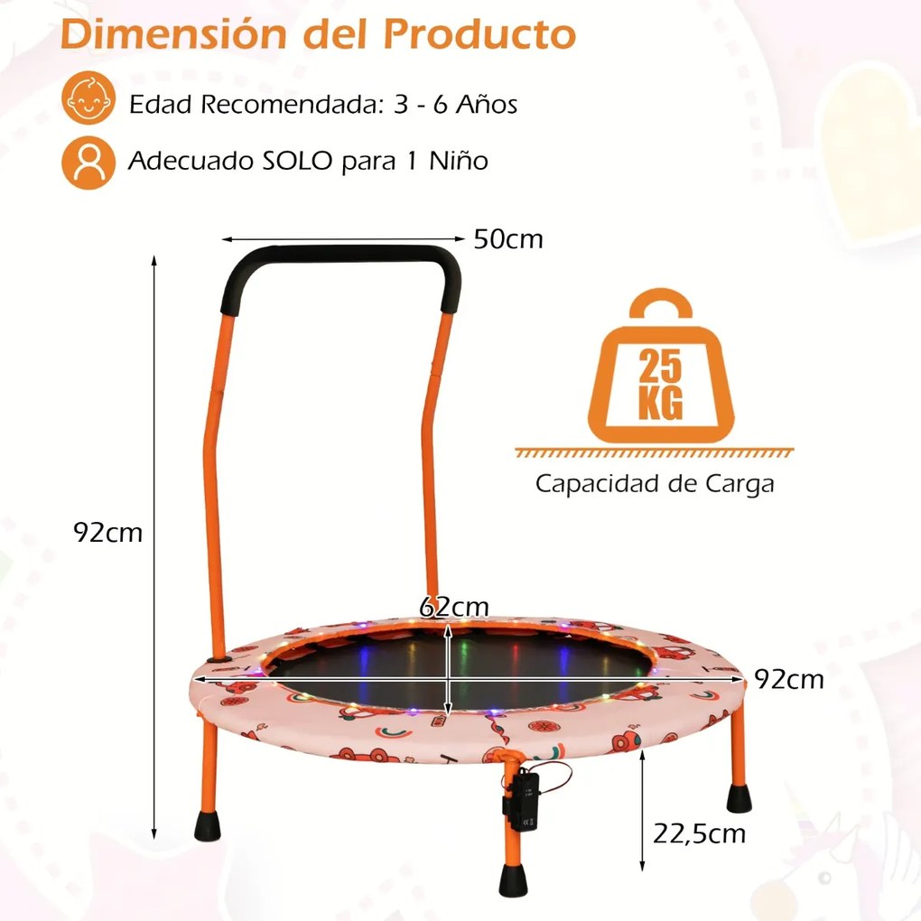 Trampolim para crianças 92 cm com luzes LED Pega de segurança Tapete de saltos redondo Cobertura 3-6 anos Laranja