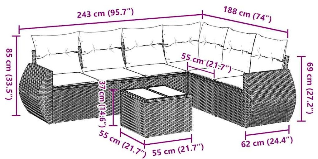 7 pcs conj. sofás jardim com almofadões vime PE cinzento-claro