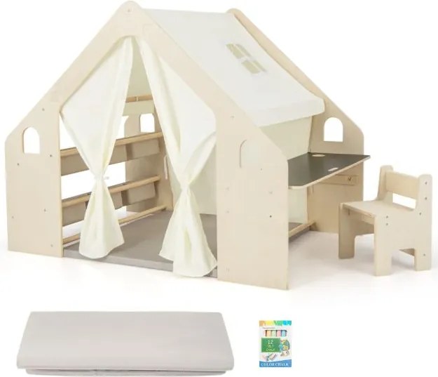 Casa de brincar 6 em 1 em madeira para crianças com quadro negro, secretária, cadeira, 6 cestos, tapete e cortinas para crianças dos 2 aos 6 anos, cor