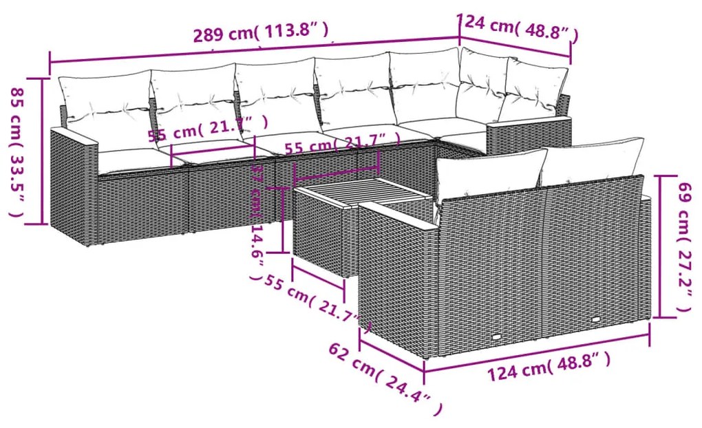 9 pcs conjunto de sofás p/ jardim com almofadões vime PE bege