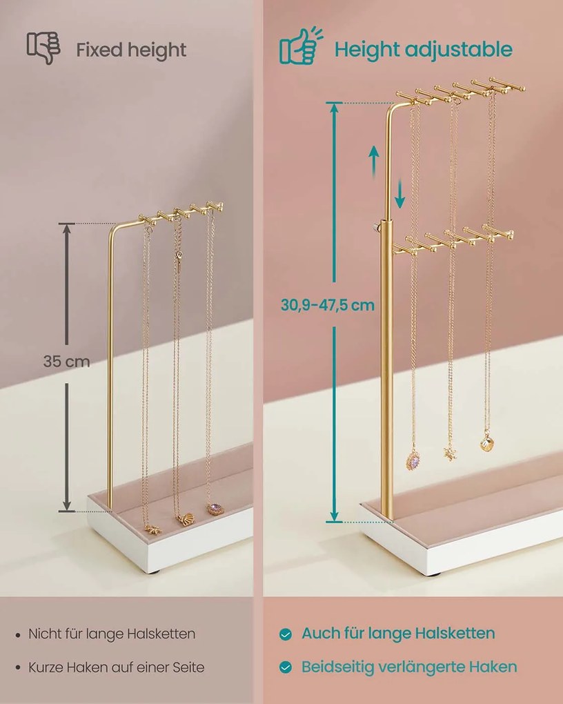Suporte para joias em metal com bandeja em veludo 10 x 30,6 x (30,9-47,5) cm dourado