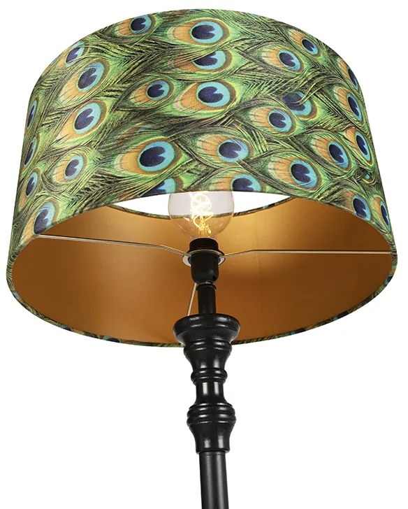 Candeeiro de pé preto com abajur em veludo azul-petróleo dourado 50 cm - Classico