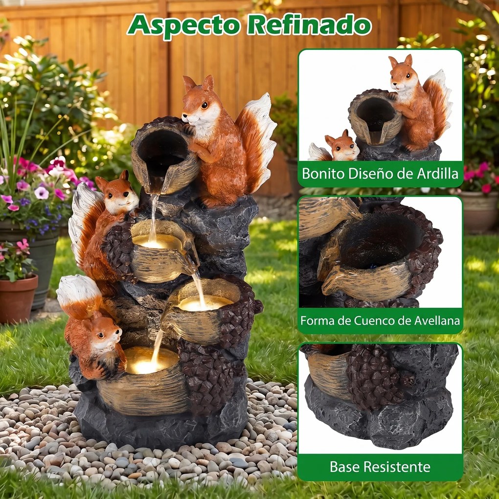 Fonte de Água Decorativa com Esquilos e Avelãs, 34 x 25 x 59 cm, Iluminação LED, Laranja+Cinza
