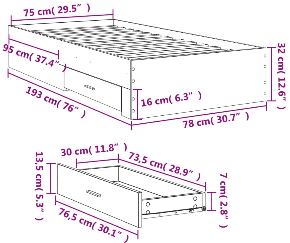Estrutura cama c/ gavetas 75x190 cm derivados de madeira preto
