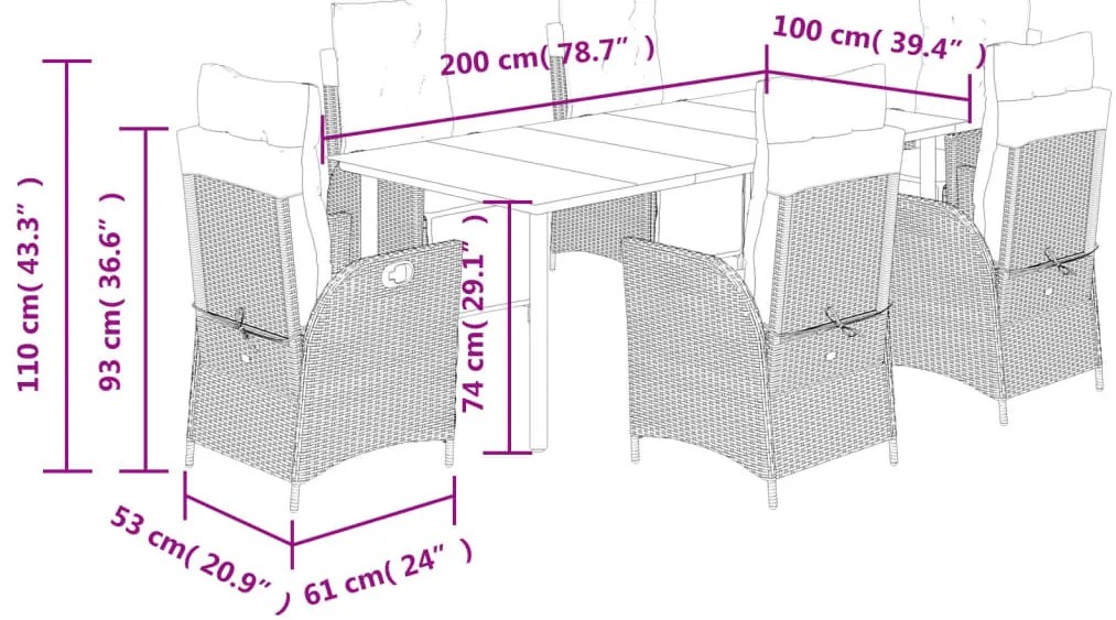7 pcs conj. jantar p/ jardim c/ almofadões vime PE cinza-claro