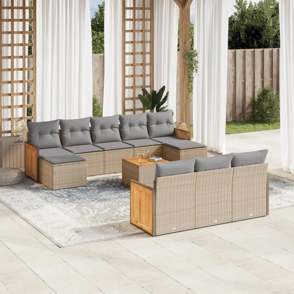 11 pcs conjunto sofás de jardim c/ almofadões vime PE bege