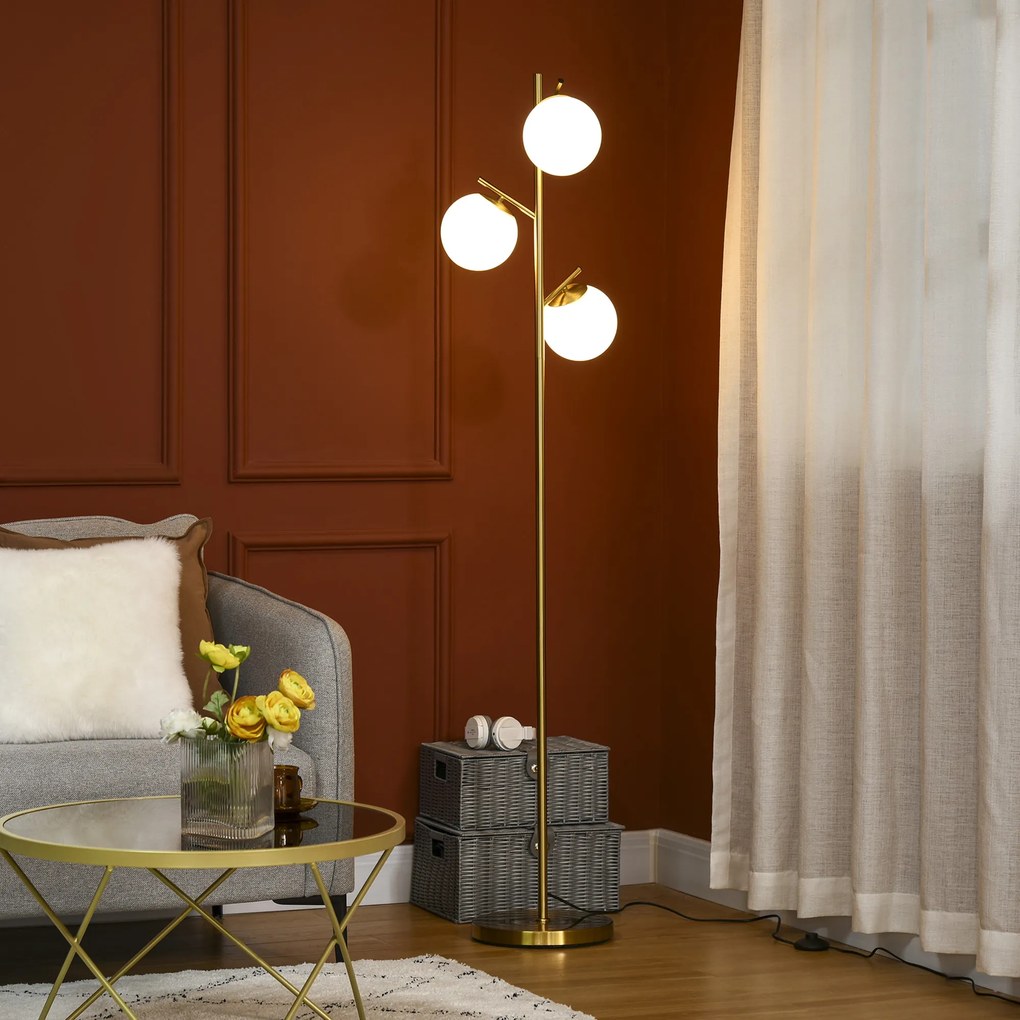 Candeeiro de pé para sala de estar em metal com 3 abajures esféricos brancos em vidro fosco, 40 W, Ø 27 x 169 cm (altura), acabamento dourado